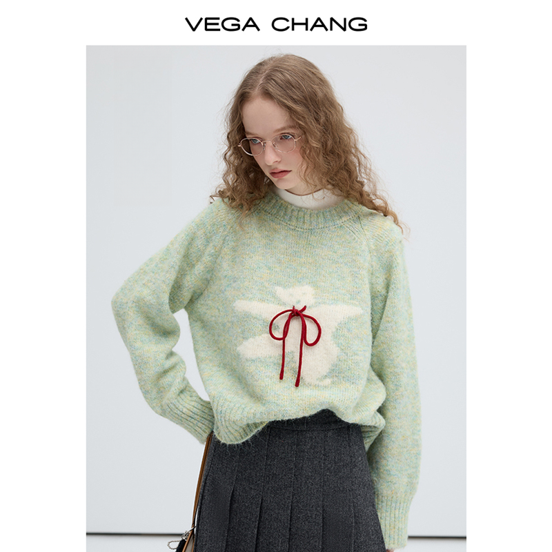 VEGA CHANG绵针织衫女2025年秋冬新款设计感甜美系带小熊毛衣