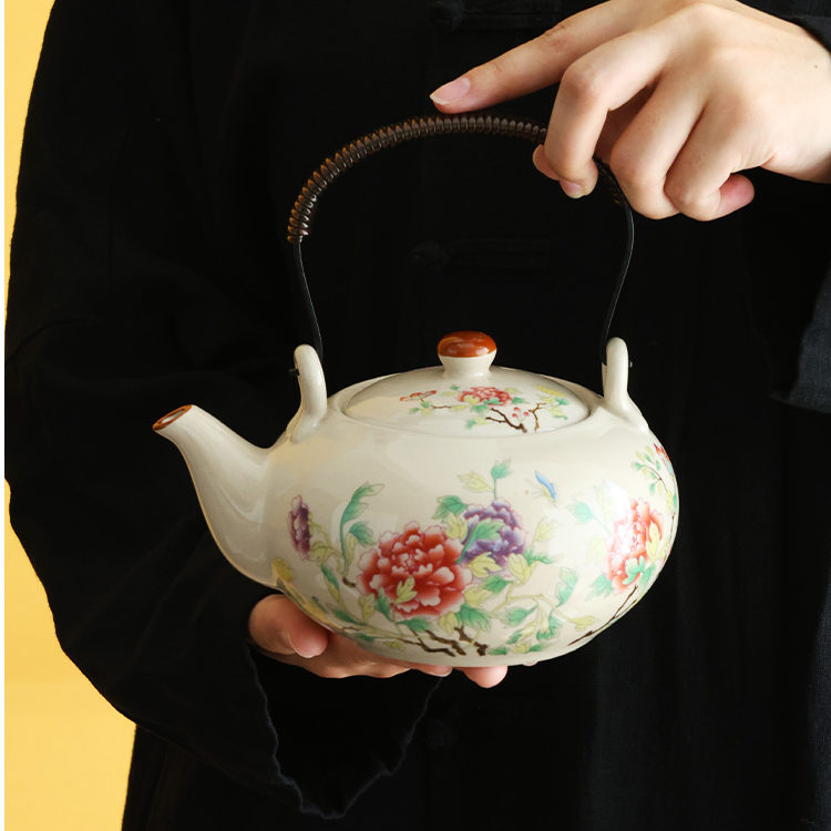 秋香茶具 复古陶泥草木灰富贵牡丹提梁壶一壶四杯小套装-4276