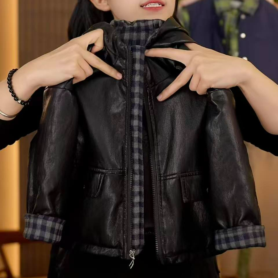 幂姐童装 儿童皮衣外套2025新款秋冬季软上衣加绒加厚皮衣夹克