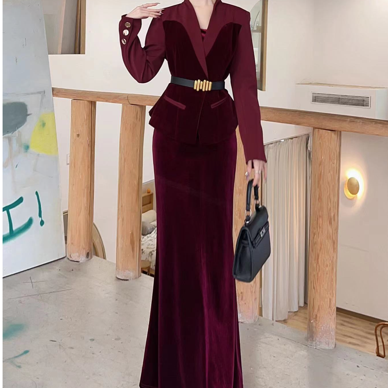 秋季新款西服丝绒外套女设计感吊带鱼尾裙时髦套装裙61222