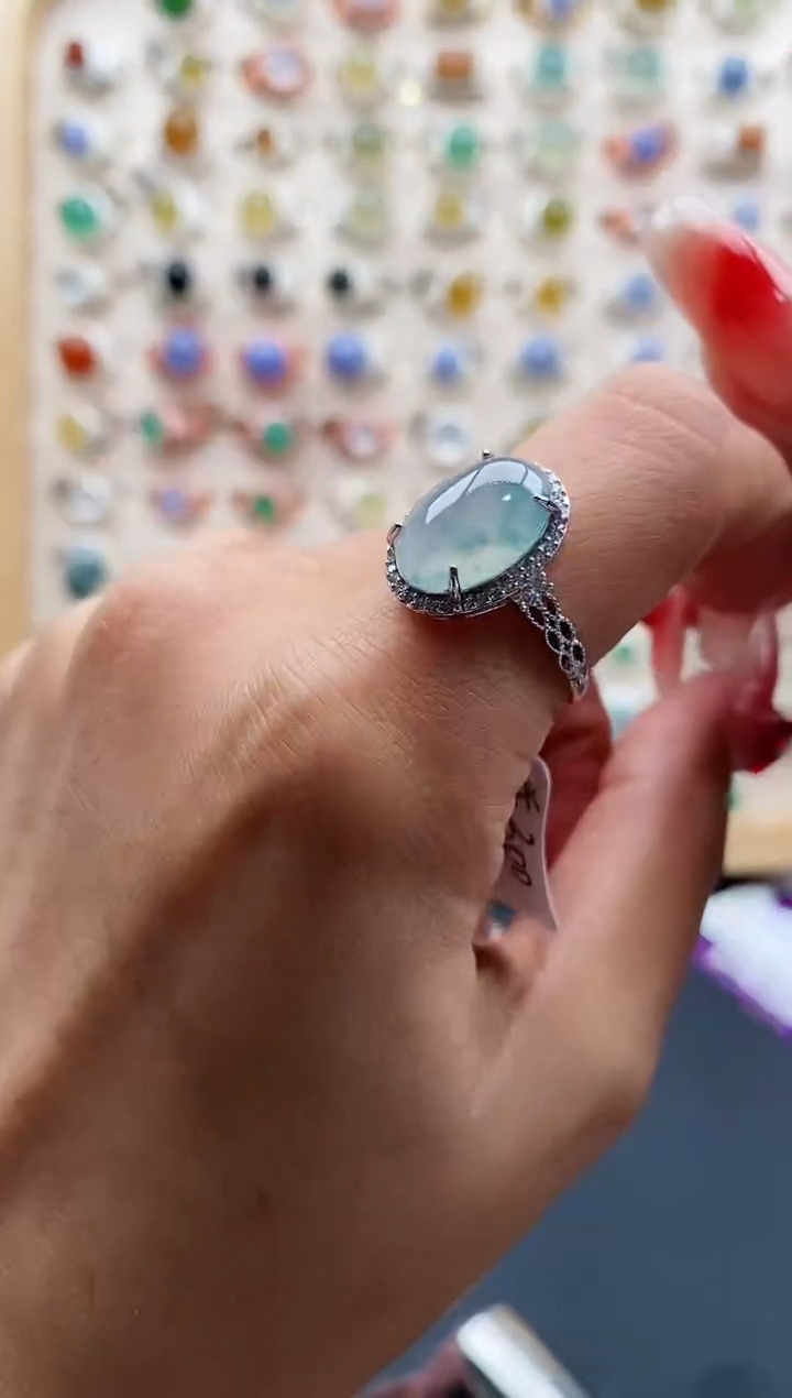 【闪购商品】翡翠戒指银S925镶嵌缅甸天然A货翡翠555 2+5