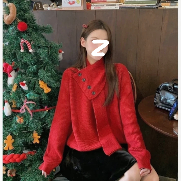 【配围巾】设计款可拆卸带披肩围脖韩系V领显瘦宽松软糯针织毛衣女