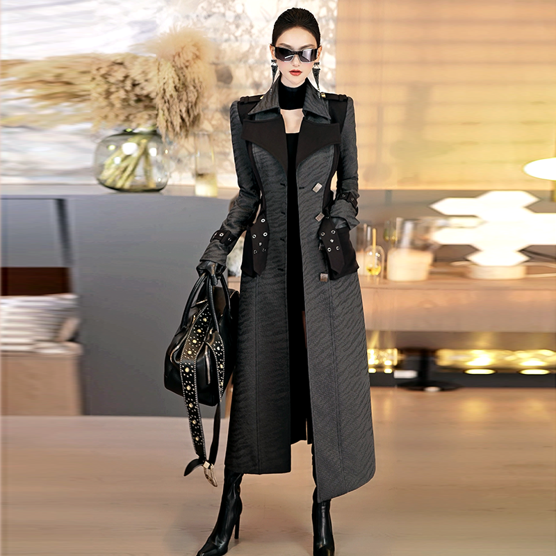 冬季撞色拼接仿皮夹棉双排扣修身外套新款气质中长款棉服