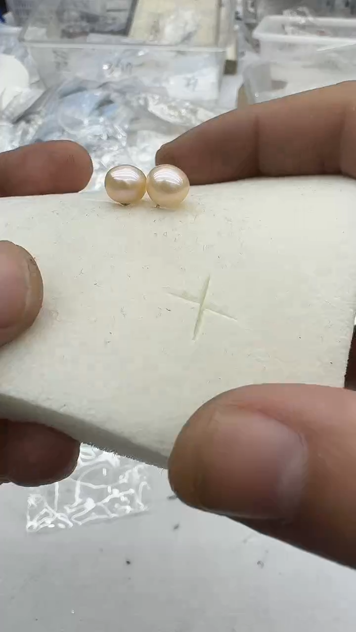 银S925镶嵌耳钉淡水珍珠8mm 中国红-孤品