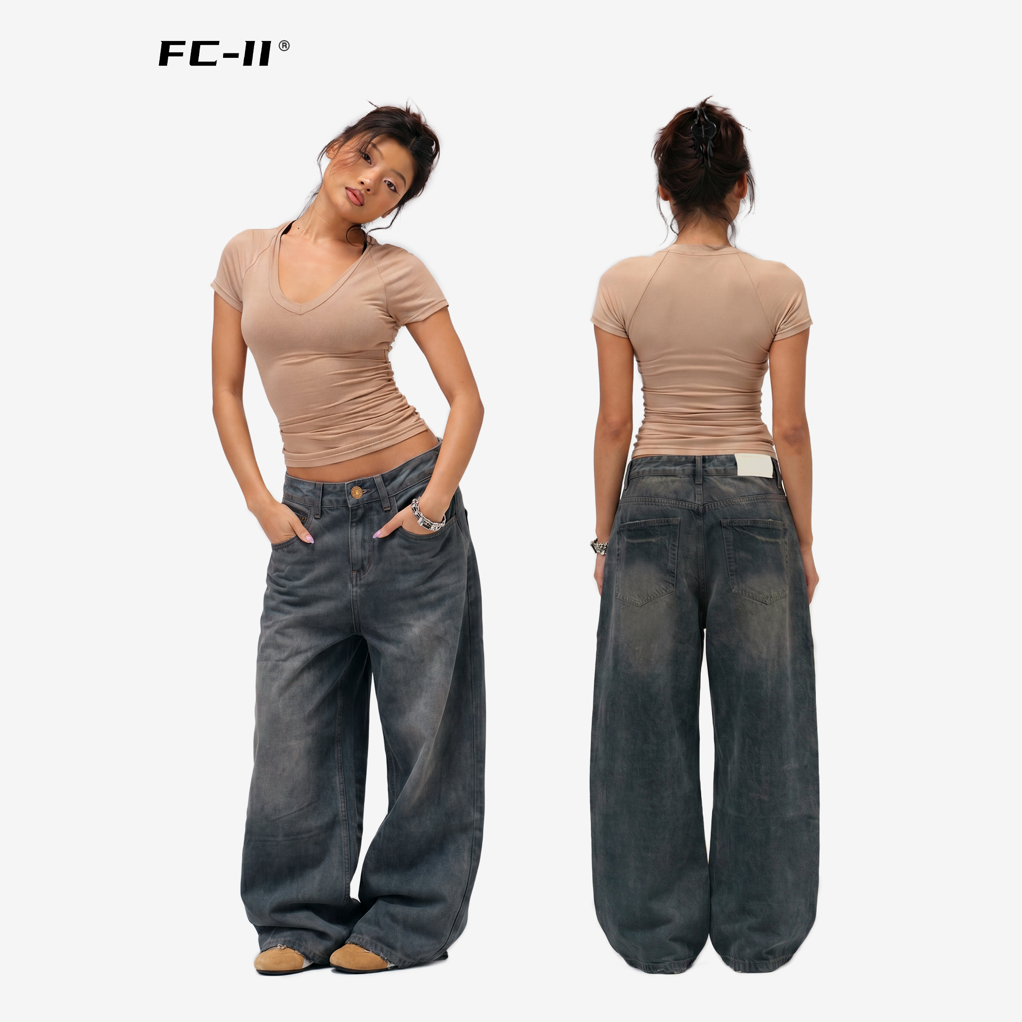 【Fcii】“深海暮色”美式复古做旧脏脏风夏季宽松阔腿裤 H4K2896