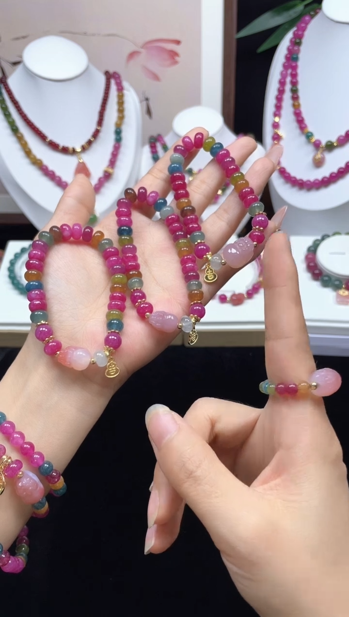 天然碧玺车轮珠百搭时尚手链玛瑙貔貅挂坠 多样性发一 H2978