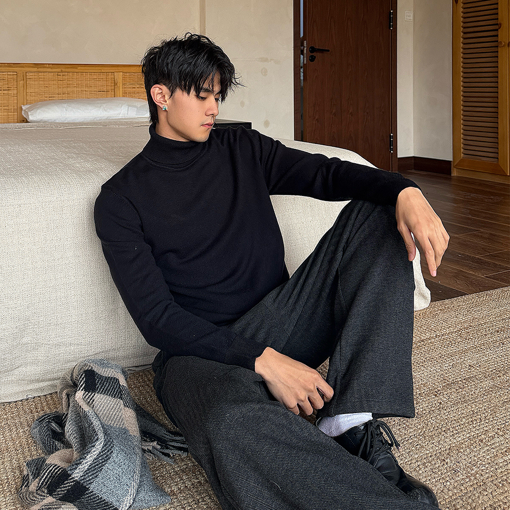 毛衣男款冬季保暖抗寒纯色德绒莱塞尔纯色中领羊毛衫高领打底衫男