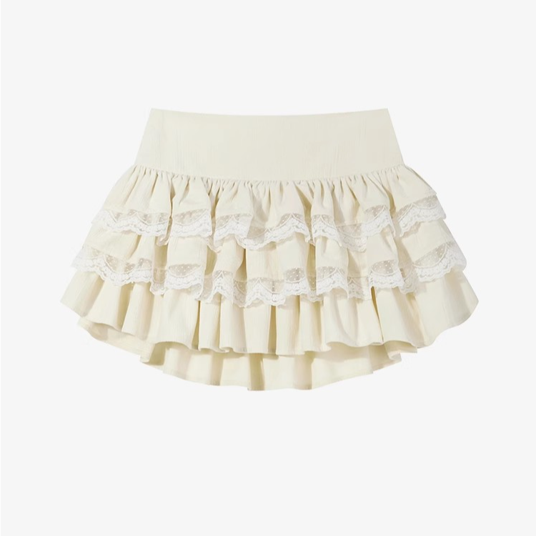 羊城故事-蛋糕蕾丝杏色蓬蓬裙短裙高腰显瘦a字半身裙 Y50147882