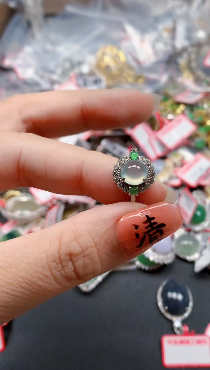 银S925镶嵌戒指翡翠天然A货缅甸翡翠