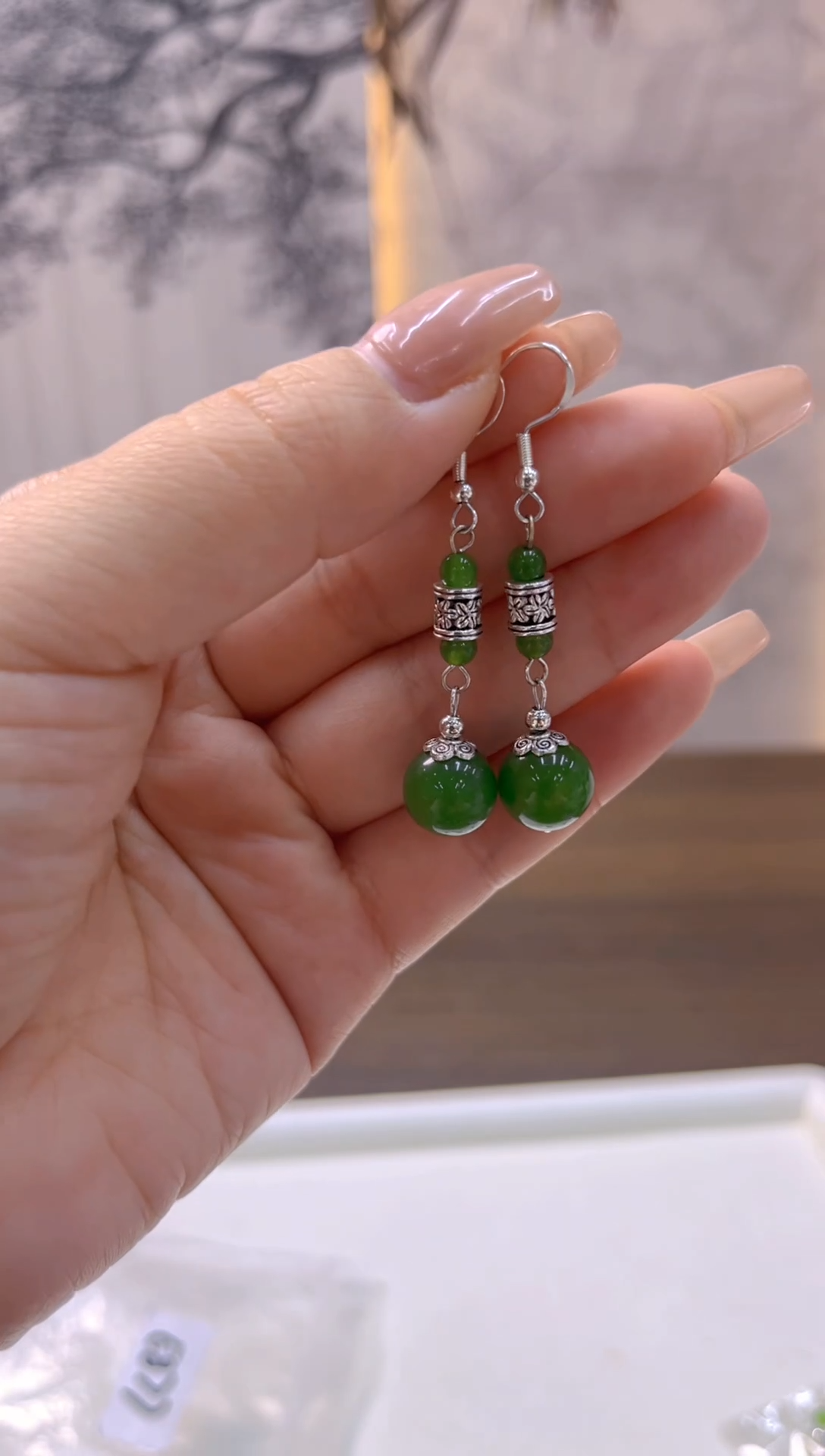 银S925镶嵌和田玉（碧玉）耳饰E877