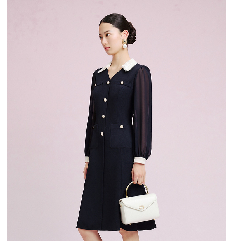 【晨粉专享价】冬季翻领小香风百搭优雅气质通勤连衣裙