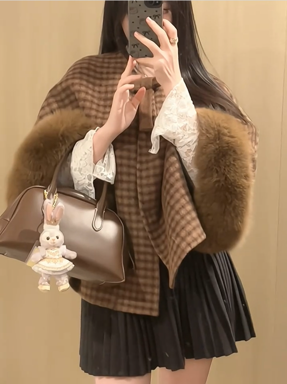 陳柒柒定制【莉莉安】复古格纹双面呢狐狸毛斗篷羊毛大衣毛呢外套