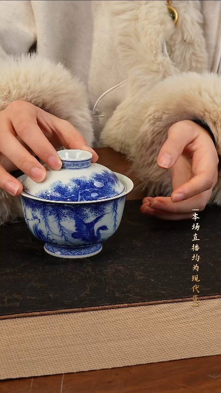 宁封窑柴窑青花鹅纹二次盖碗