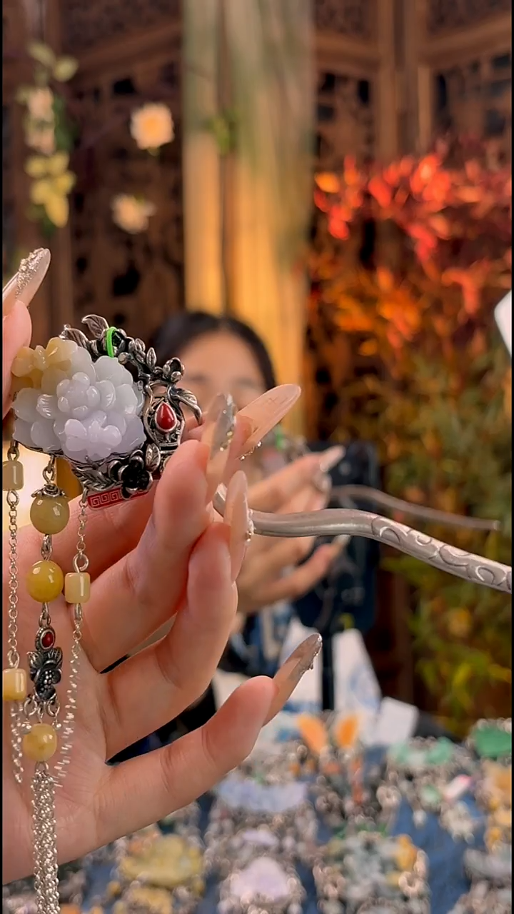 银S925镶嵌挂件翡翠发簪