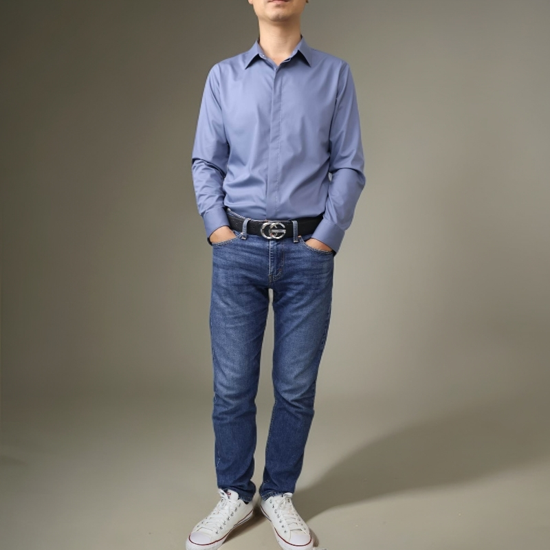 商务修身深灰色牛仔衬衫长袖衬衣