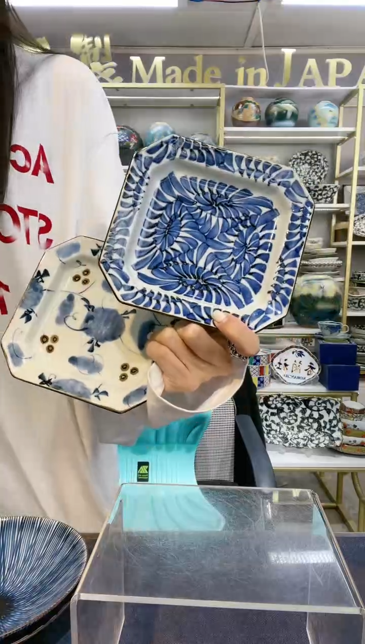 瓷一诚陶苑手绘古染八角盘14.8cm2件套