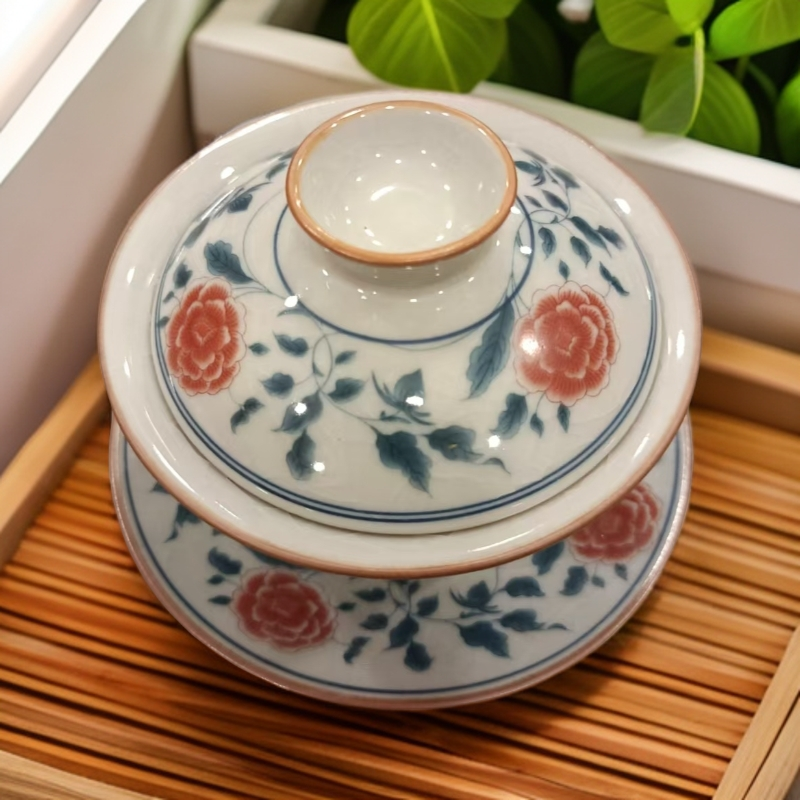 高档釉下彩三才盖碗单个茶杯陶瓷功夫茶具景德镇青花泡茶碗带盖