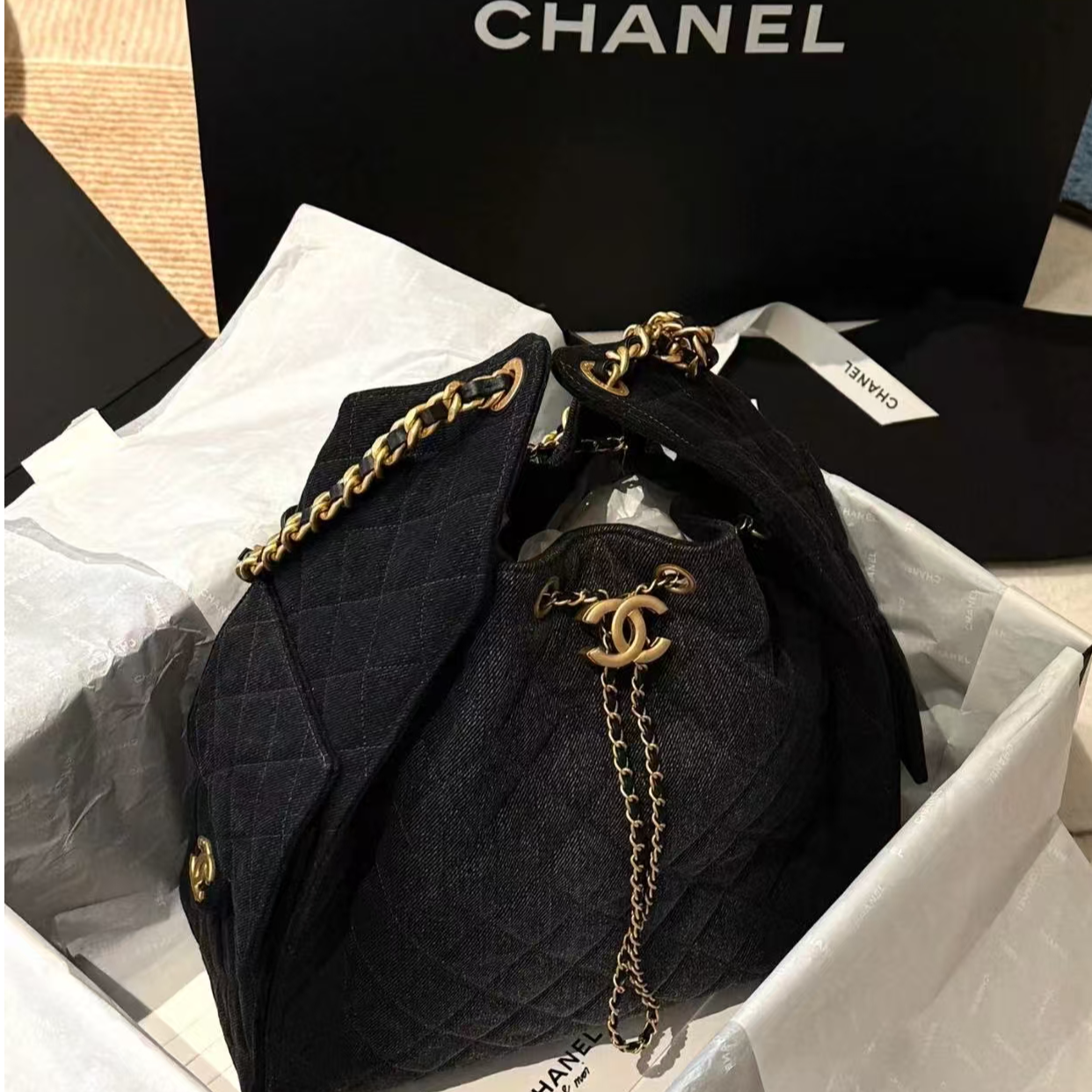 未使用 Chanel/香奈儿 黑色牛仔25bag中号单肩包 18631868