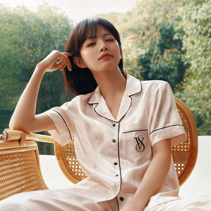 【维密·月光绸短袖长裤睡衣套装】天使粉 光滑缎面宽松家居服