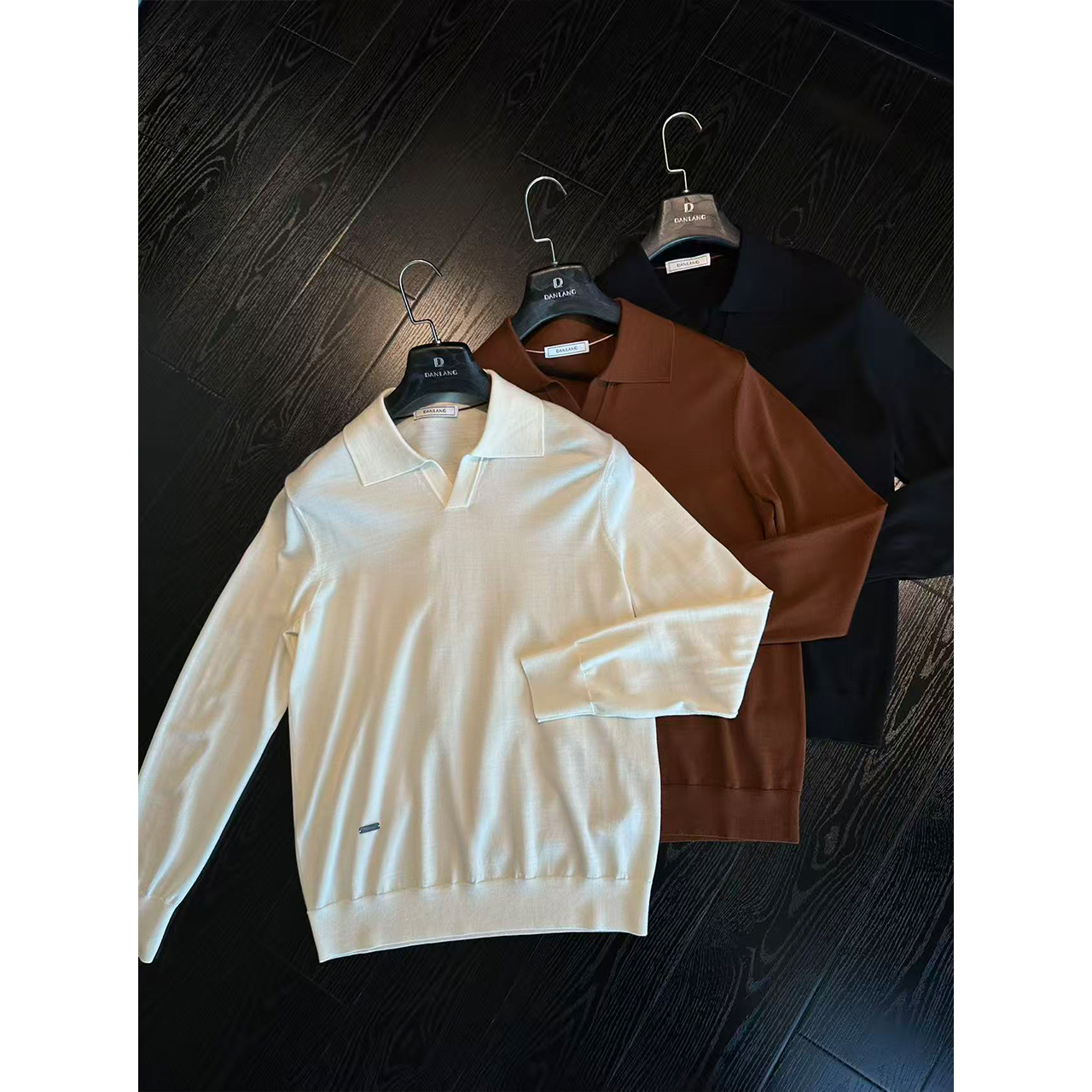 DAN LANG 385# 100%羊毛剪刀领长袖Polo衫