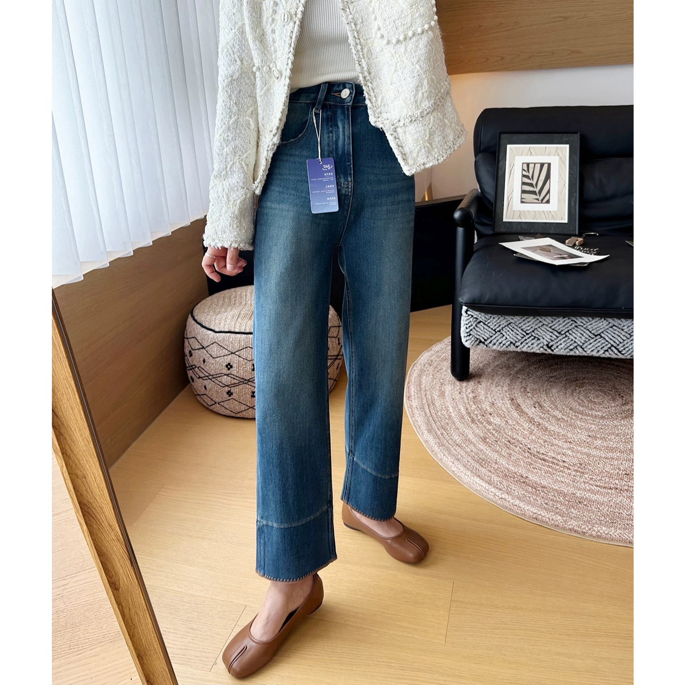 复古蓝裤脚刺绣直筒牛仔裤女秋冬加绒大码胖mm弹力显瘦窄版阔腿裤
