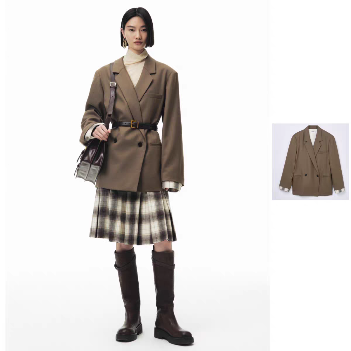 ANNENONO   25秋季新品休闲中长款百搭女系带百褶西装领西服