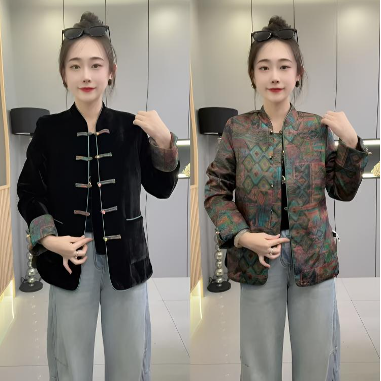 洋➕831秋季新款国风盘扣立领中长款(双面穿)洋气轻奢女外套