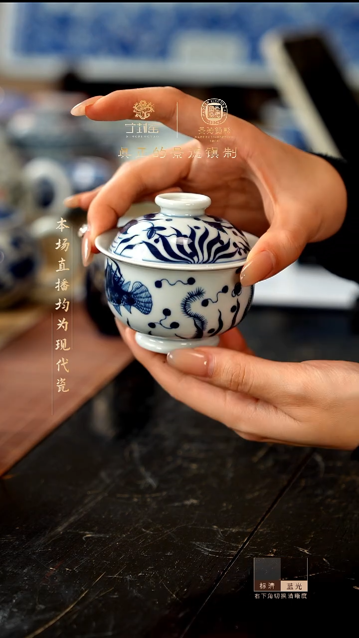 宁封窑青花鱼藻纹盖碗