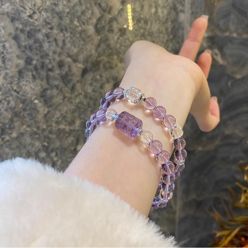 紫水晶双圈手串搭配回纹珠白水晶净体设计款手链