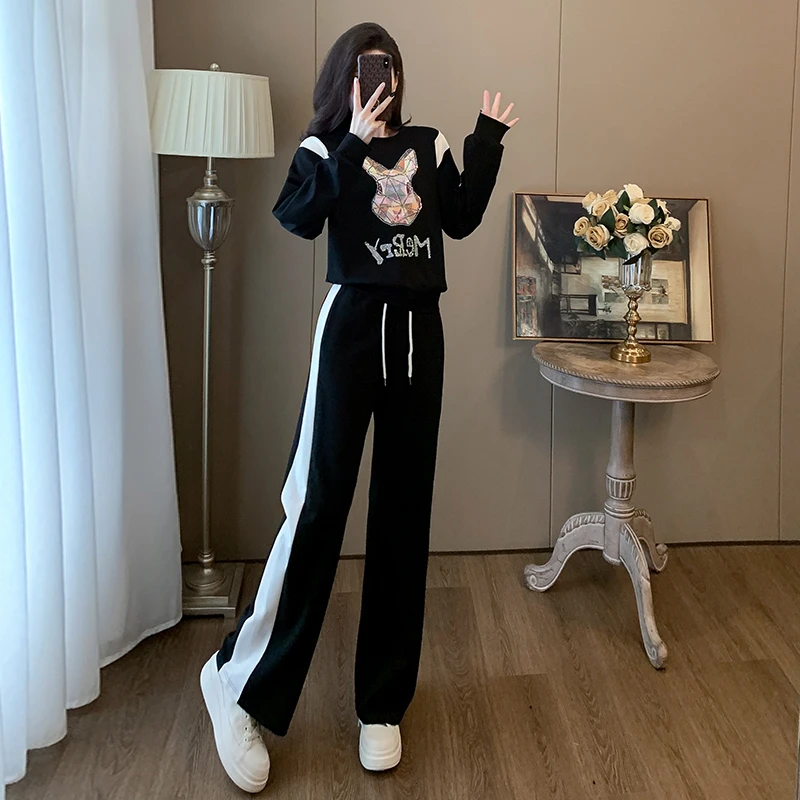 重工烫钻减龄休闲运动卫衣套装女春秋冬阔腿裤宽松显瘦时尚两件套