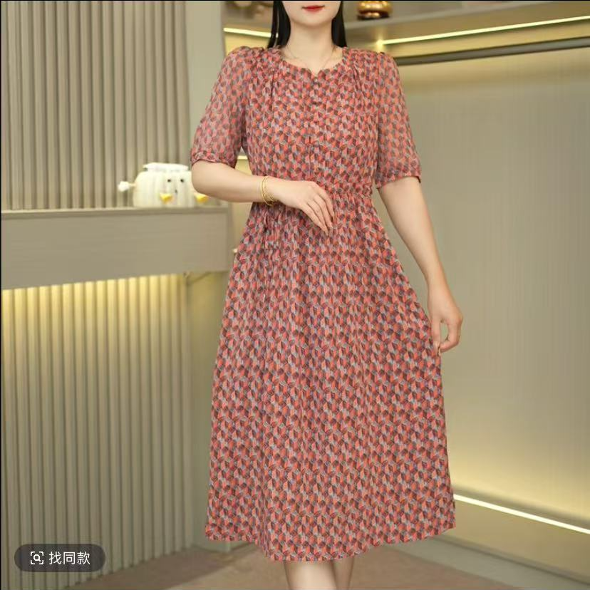 1126橘红裙高端领透气夏季妈妈装连衣裙