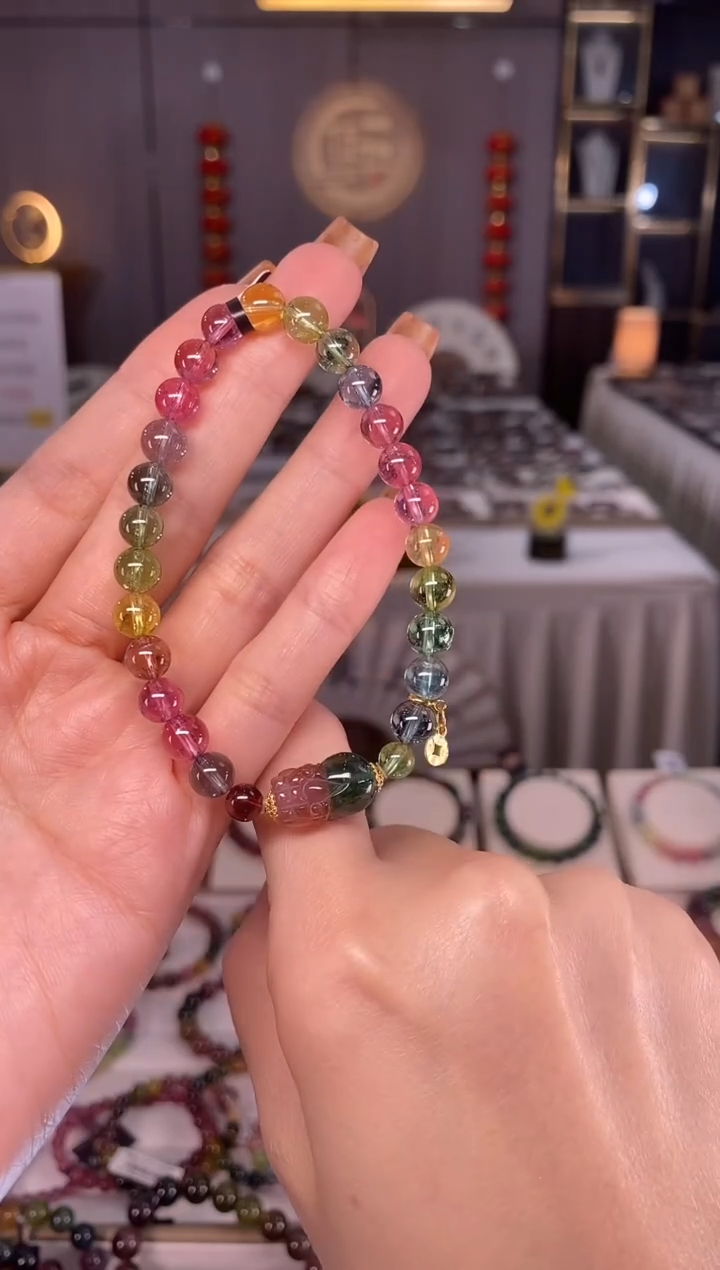 未镶嵌冰透净体老矿碧玺彩虹单圈手串6mm+碧玺dan多样性发货一条