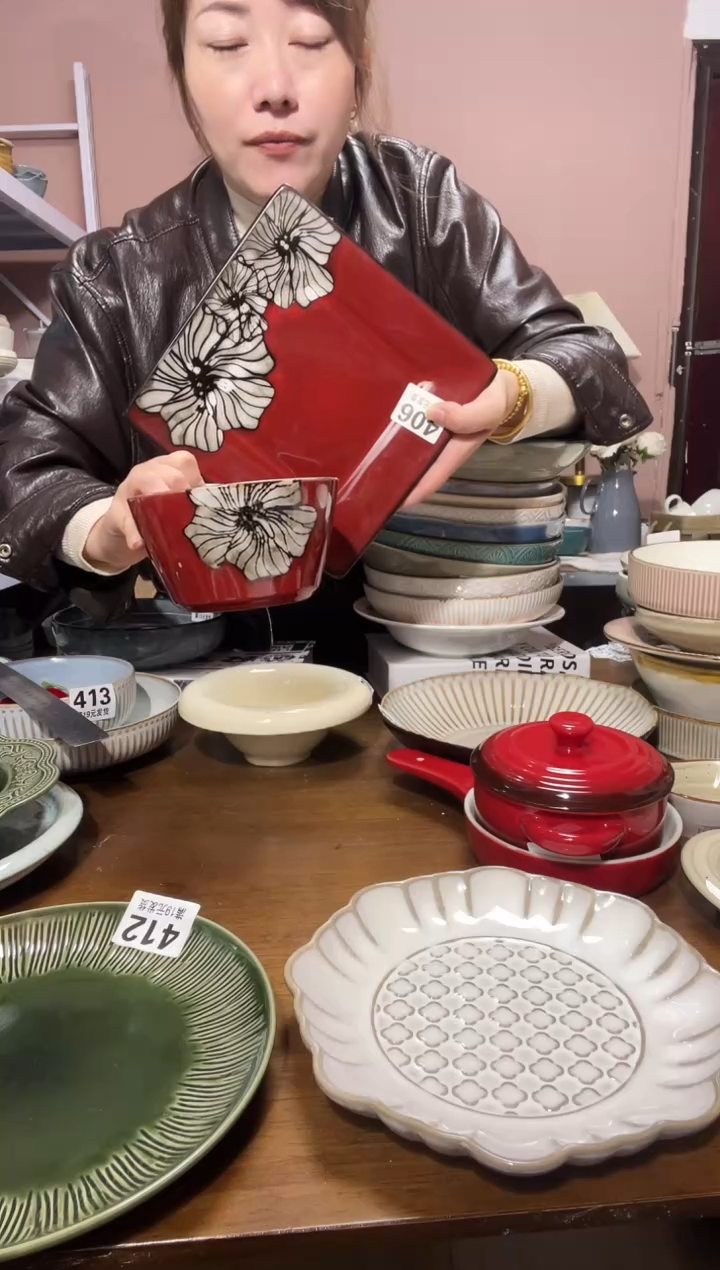 陶瓷微瑕（2个装）红色手绘盘碗套装