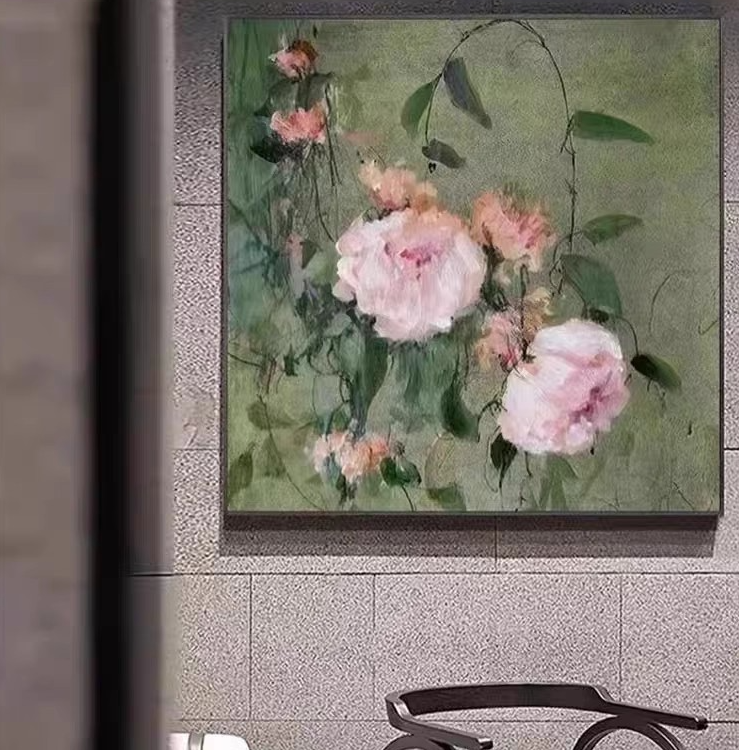 春日花语油画入户玄关山茶花走廊过道挂画春暖花开阳光好寓意壁画