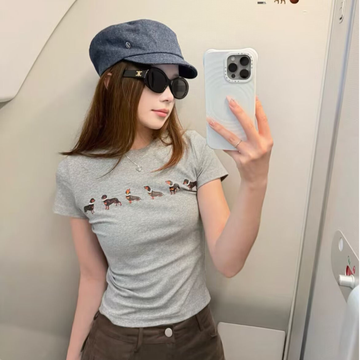 T2542 腊肠小狗 立体串珠灰色T恤修身上衣