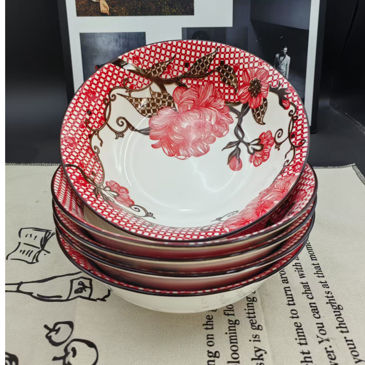 【5只装】国色牡丹7英寸航空碗釉下彩陶瓷餐具