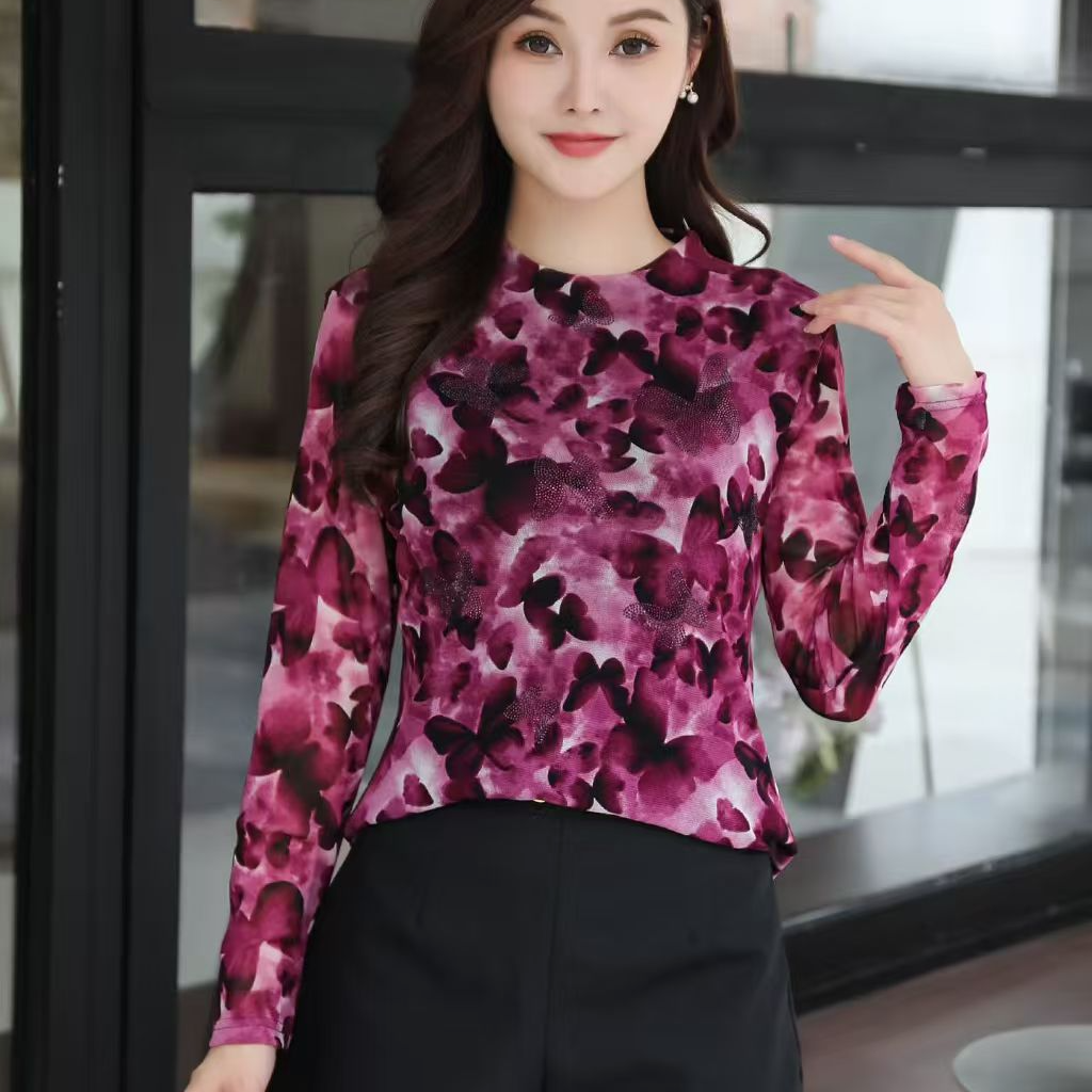 秋季款大码高端圆领烫钻洋气百搭网纱长袖打底衫女装上衣