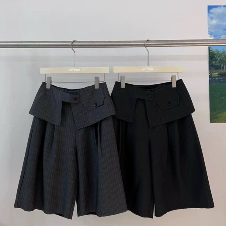 春款带腰等真两件设计高腰条纹西装直筒五分裤