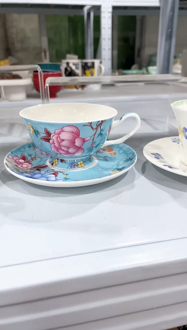 杯子骨瓷（简装）天蓝色咖啡杯碟一套