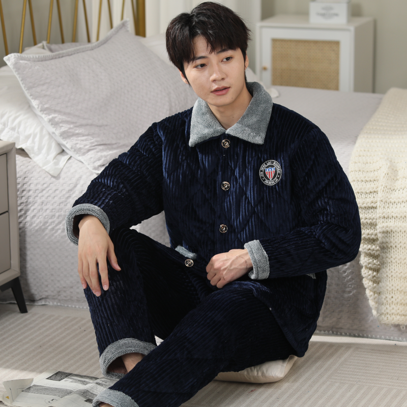 【毛领抽条款】新款冬季男三层加厚夹棉抽条法兰绒保暖家居服套装