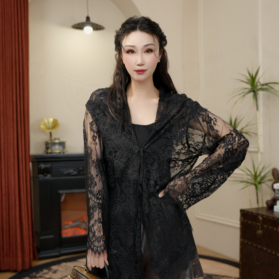 JR·雪姐·早川少女-91051慵懒风连帽气质蕾丝镂空长袖衬衫