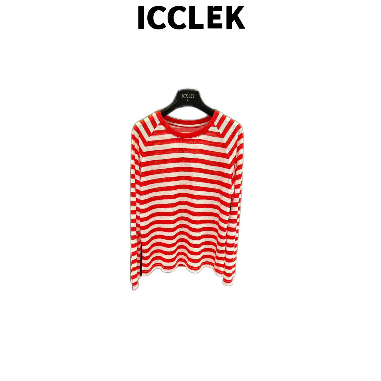 ICCLEK 红色条纹长袖针织衫气质轻奢名媛慵懒通勤宽松上 衣 -5746