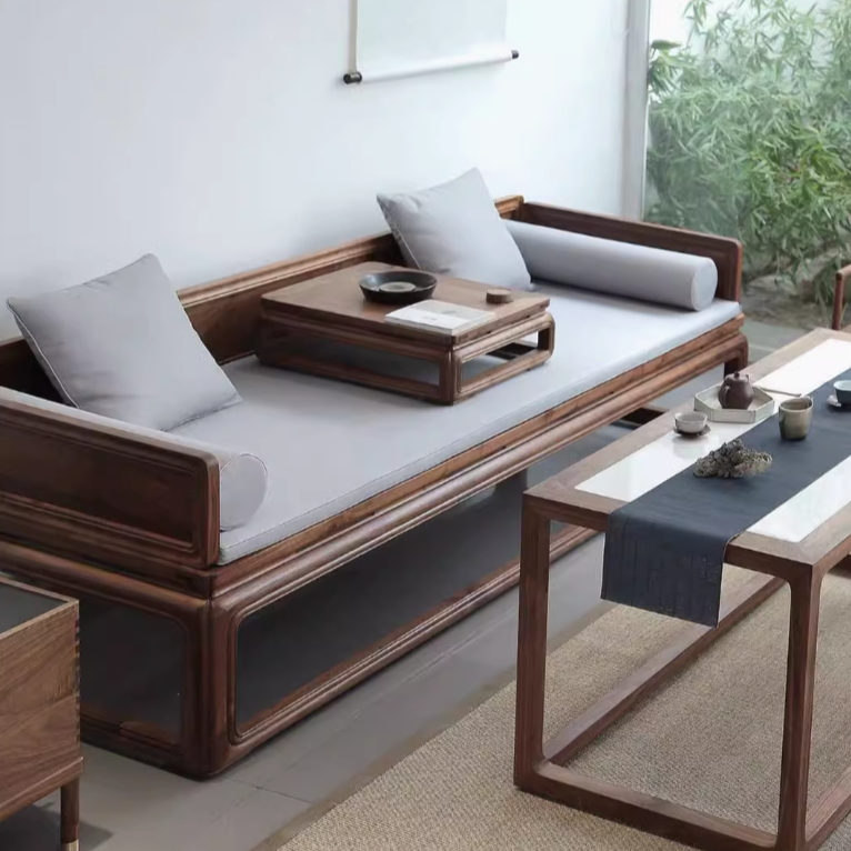 北美黑胡桃木美人榻老榆木新中式实木罗汉床现代简约小户型古卧榻