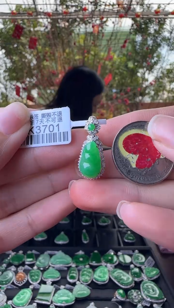 【闪购商品】翡翠颈饰18K金镶嵌DK3701 阳绿富贵豆