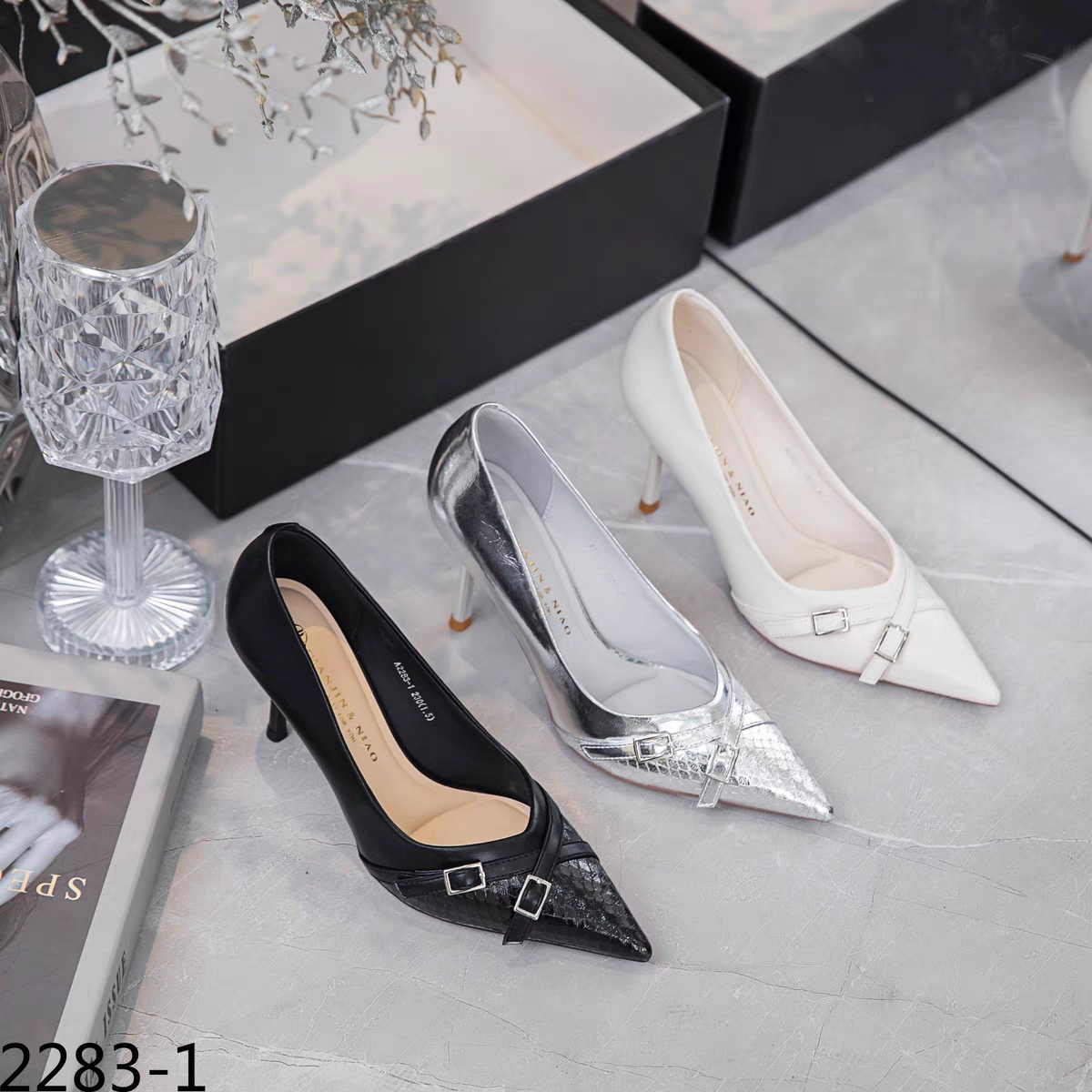 2283-1(钎金鸟)7厘米拼接交叉扣件细高跟单鞋