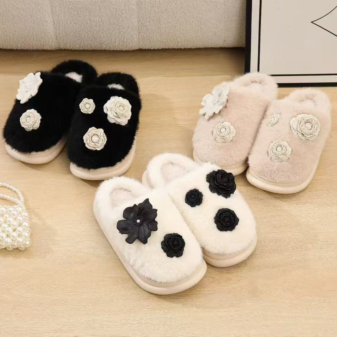 淑女冬季必备女款厚底防滑加绒立体小花棉拖鞋居家保暖必备