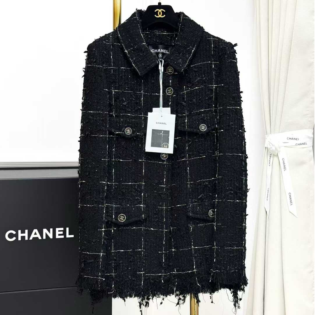 99新 Chanel/香奈儿 38码22C黑色混色格纹四口袋长袖流苏外套 
