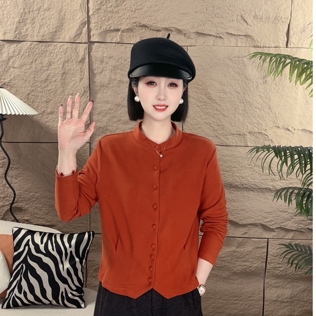 新款扣子双面绒澳绒下摆设计收腰显瘦打底衬衫开衫女上衣小立领