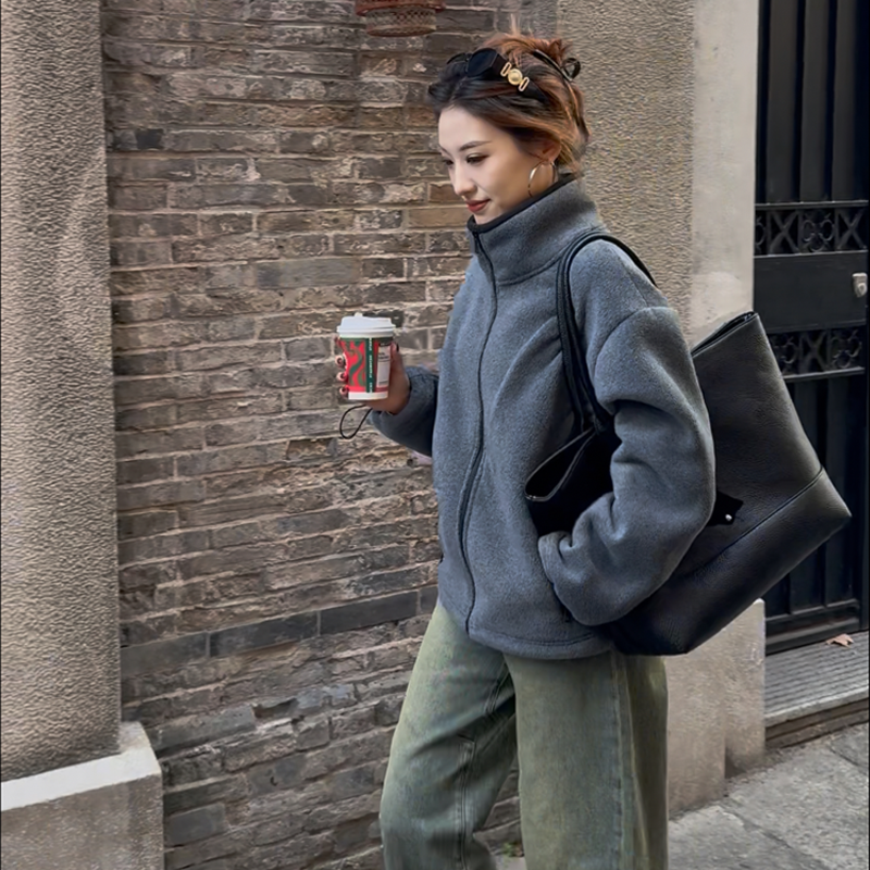 摇粒绒卫衣宽松型立领长袖冬季短款拉链户外休闲百搭保暖加厚