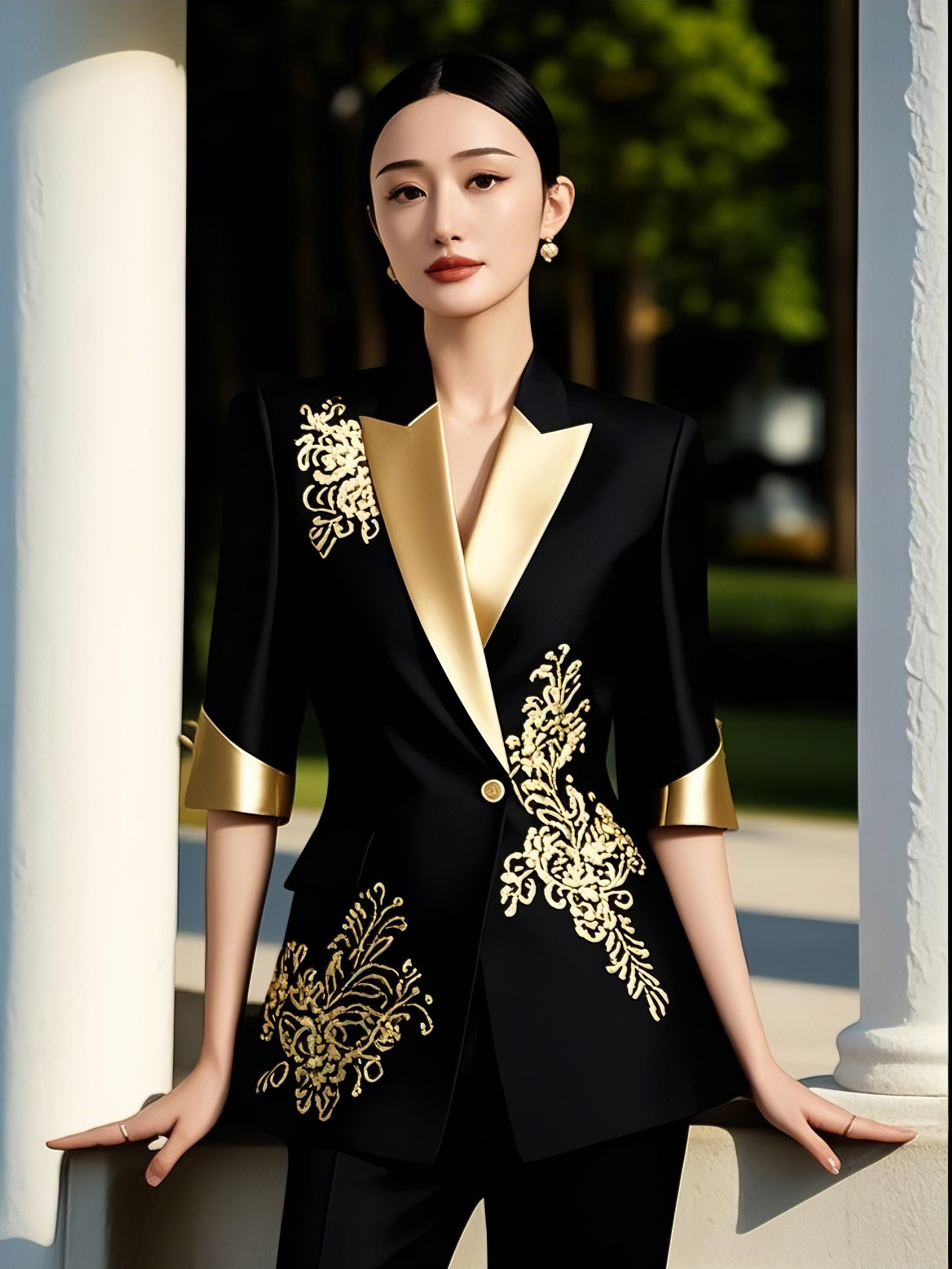 25815刺绣中式时尚女装排扣显瘦修身套装礼服气质西装优雅